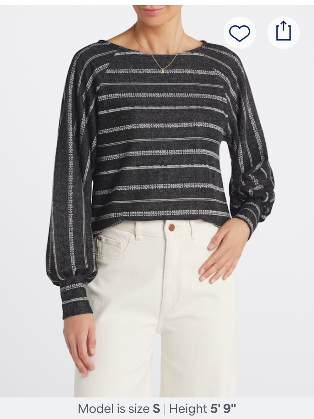 Striped Balloon-Sleeve Sweater - Grey - L
